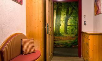 An inviting hallway with wooden details and colorful pictures on the wall. At the end of the hallway, a vibrant forest background can be seen.