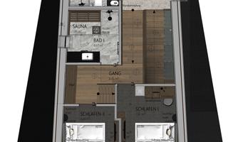 A floor plan sketch of an apartment with various rooms. The main areas include a living room, two bedrooms, and a sauna.