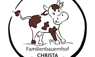 A cheerful cow logo for the Christa family farm. The depiction shows a cute cow surrounded by flowers.