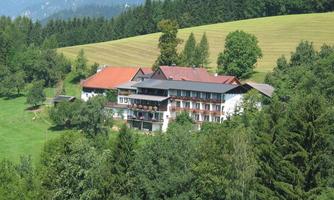 A picturesque hotel surrounded by green forests and meadows. The mountain landscape in the background adds a charming backdrop.