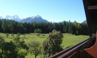 A picturesque landscape with green meadows and high, snow-covered mountains in the background. The sky is clear and blue, and trees line the field.