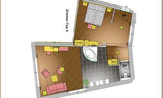 A floor plan of a room with various furniture. It shows a living area with seating and a bathroom.