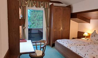 A cozy room with a double bed and a desk. The window offers a view of green trees.