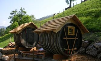 Two cozy wooden structures in the shape of barrels are located on a green meadow. In the background, trees and a blue sky can be seen.