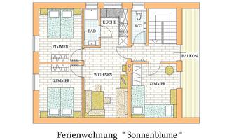 A floor plan drawing of the holiday apartment "Sonnenblume". The apartment has several rooms, a bathroom, a kitchen, and a balcony.