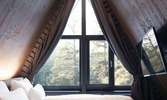 A modern bedroom with two beds under a sloping wooden roof. Windows offer a view of the outdoor nature.