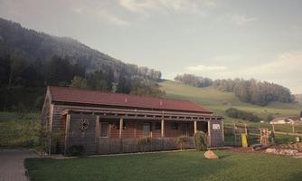 A wooden house with a red roof is located in a green landscape. In the background, gentle hills and trees can be seen.