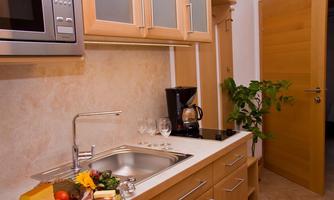 A modern kitchen with wooden cabinets and a cooking area. Fresh fruit and cheese are ready on the countertop.