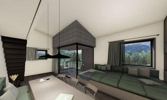 A modern room with large windows and a view of the mountains. The decor is minimalist and inviting.