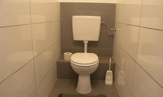 A simple bathroom with a toilet and tiled walls. There is a toilet paper holder and a brush in the corner.
