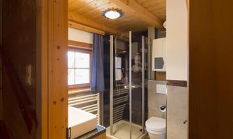 A modern bathroom with shower, sink, and toilet. Bright wood paneling and windows create a friendly atmosphere.