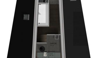 A modern floor plan drawing of a narrow house. The representation shows an efficient use of space with a kitchen, living area, and bathroom.