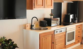 Modern kitchen with wooden furniture and various appliances. A television is mounted on the wall, and a small plant is on the countertop.