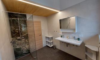 A modern bathroom with a large shower and a bright wall design. The washing area is equipped with a mirror and elegant fittings.