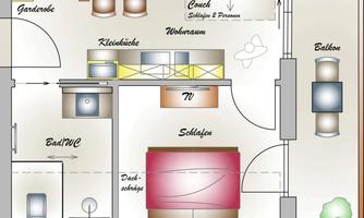 A floor plan drawing of an apartment with various rooms. It shows a bedroom, living room, kitchen, dining area, and a bathroom.