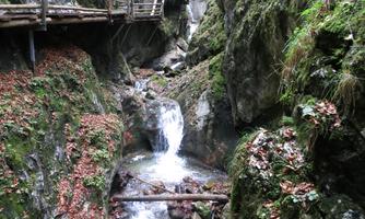 A picturesque waterfall flows between steep rocks. The ground is covered with colorful leaves, and a wooden bridge runs above it.