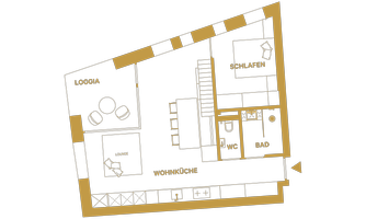 A floor plan of an apartment with various rooms such as loggia, bedroom, living kitchen, WC, and bathroom. The presentation is in a golden design on a black background.