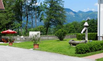A tranquil garden with green grass and a view of the mountains. In the foreground, a red mat and a wooden sculpture can be seen.