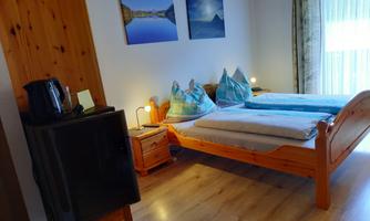 A cozy bedroom with two single beds, colorful pillows, and modern decor. A TV and a kettle are also available in the room.