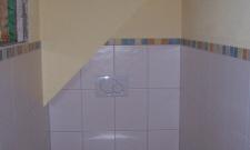 A small bathroom with a toilet under a sloped wall. The walls are painted light and partially tiled.