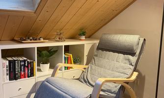 A cozy armchair in an attic room with a wooden ceiling. Next to the armchair is a shelf with books and plants.