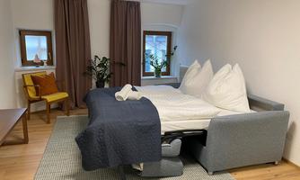 A cozy room with a sofa bed and large pillows. Plants and a yellow chair stand in front of a window.