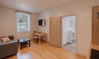 A cozy room with wooden floors, a sofa, and a table. Daylight comes through the window and the bathroom is accessible through a door.