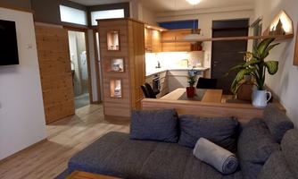 A modern apartment with a cozy sitting area and an open kitchen. The decor is bright and friendly, with plants and wooden accents.
