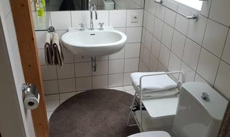 A modern bathroom with white tiles and a round rug. It includes a sink, a toilet, and a towel rack.