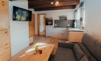 A modern kitchen with a cozy living room. The space features bright wood design and natural lighting conditions.