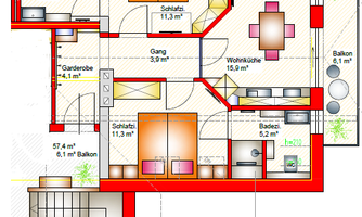 A floor plan of an apartment with several rooms, including a bedroom, a living kitchen, and bathrooms. The design also shows a balcony and a staircase.