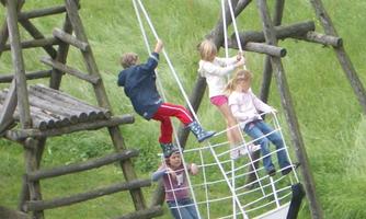 Children are playing on a climbing frame in a green area. Some are hanging on the swing while others are standing and laughing.