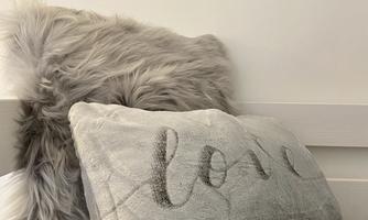 Two cozy cushions are lying on a gray floor. One is fluffy and gray, the other has the inscription "love".