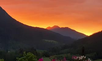 A stunning sunset over the mountains. In the foreground, colorful flowers are blooming.