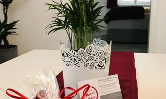 A small plant in a white pot is on a table next to a bag of snacks and a chocolate bar. The table is decorated with a red cloth.