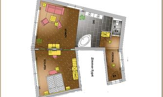 A floor plan of a modern room with a living area, bedroom, and bathroom. The rooms are functionally arranged and outlined with furniture.