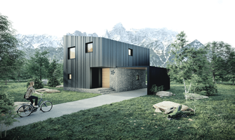 A modern house amidst a green landscape with mountains in the background. A person is riding a bicycle on a path in front of the building.