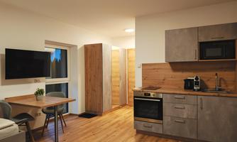 A modern kitchen unit with wooden cladding and appliances. A small dining table and a television complement the cozy space.
