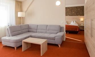 A modern living room with a gray couch and a wooden coffee table. The rooms are brightly furnished and provide a pleasant atmosphere.