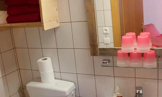 A small bathroom with red towels, a toilet, and a sink. The room has a cozy atmosphere with wooden details.