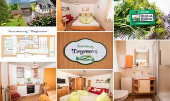 A collage-like representation of the holiday apartment "Morning Sun" with images of the bedroom, bathroom, and kitchen. Including beautiful landscape views and a reference to a vacation on the farm.