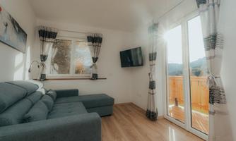 A cozy living room with a gray sofa and a TV on the wall. Plenty of daylight streams through the large windows that lead to a balcony.