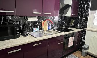 A modern kitchen with purple cabinets and a gray countertop. The floor is covered with a black and white carpet.