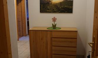 A bright hallway with a wooden cupboard and a picture on the wall. A flower in a green bowl is on the cupboard.