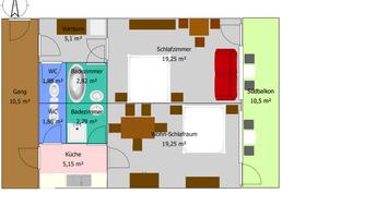A basic floor plan drawing of an apartment with various rooms. The rooms include a bedroom, kitchen, bathroom, and a balcony.