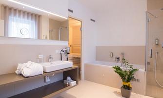 A modern bathroom with an elegant sink unit and a large shower. A plant brings fresh greenery into the room.