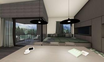 A modern room with a large bed and a balcony that offers a view of the mountains. The room is decorated in neutral colors and has large windows with cozy curtains.