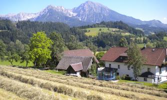 A picturesque landscape with mountains in the background and green meadows. In the foreground, houses and a freshly mowed field can be seen.