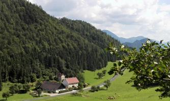 An idyllic landscape with gentle hills and forests. In the foreground, there is a traditional farmhouse surrounded by meadows.