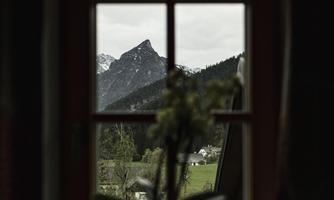 A window view of high mountains and a green meadow. In the foreground, there is a plant on the windowsill.